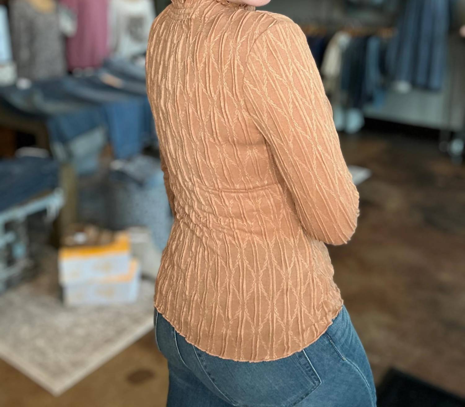 Mystree - Ruched Mock Neck Textured Top