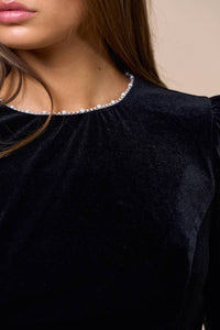 Lalavon - Velvet Touch Pearl Trim Long Sleeve Top