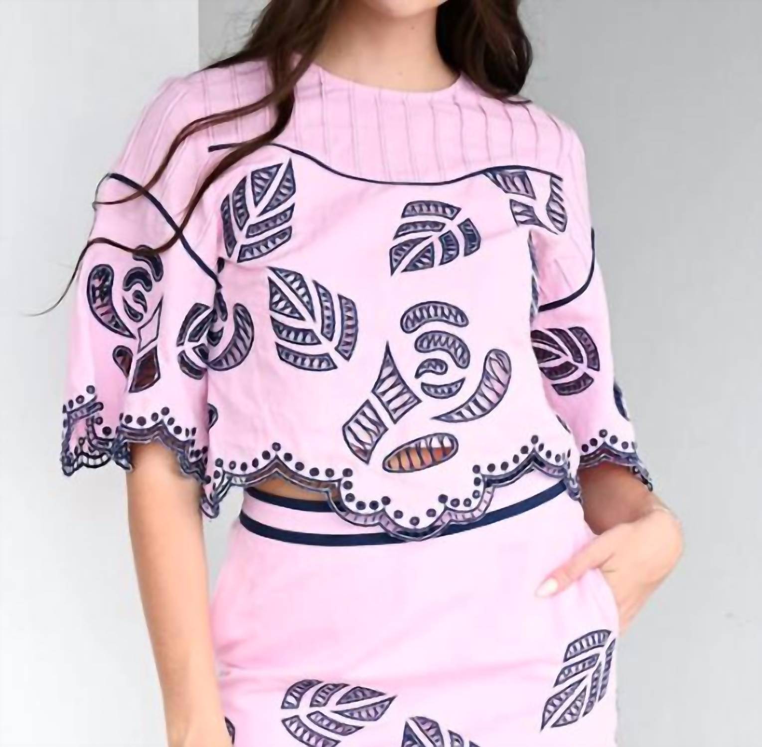 Never a Wallflower Embroidered 1/2 Sleeve Top in prism pink embroidery - women's shirt - detail view