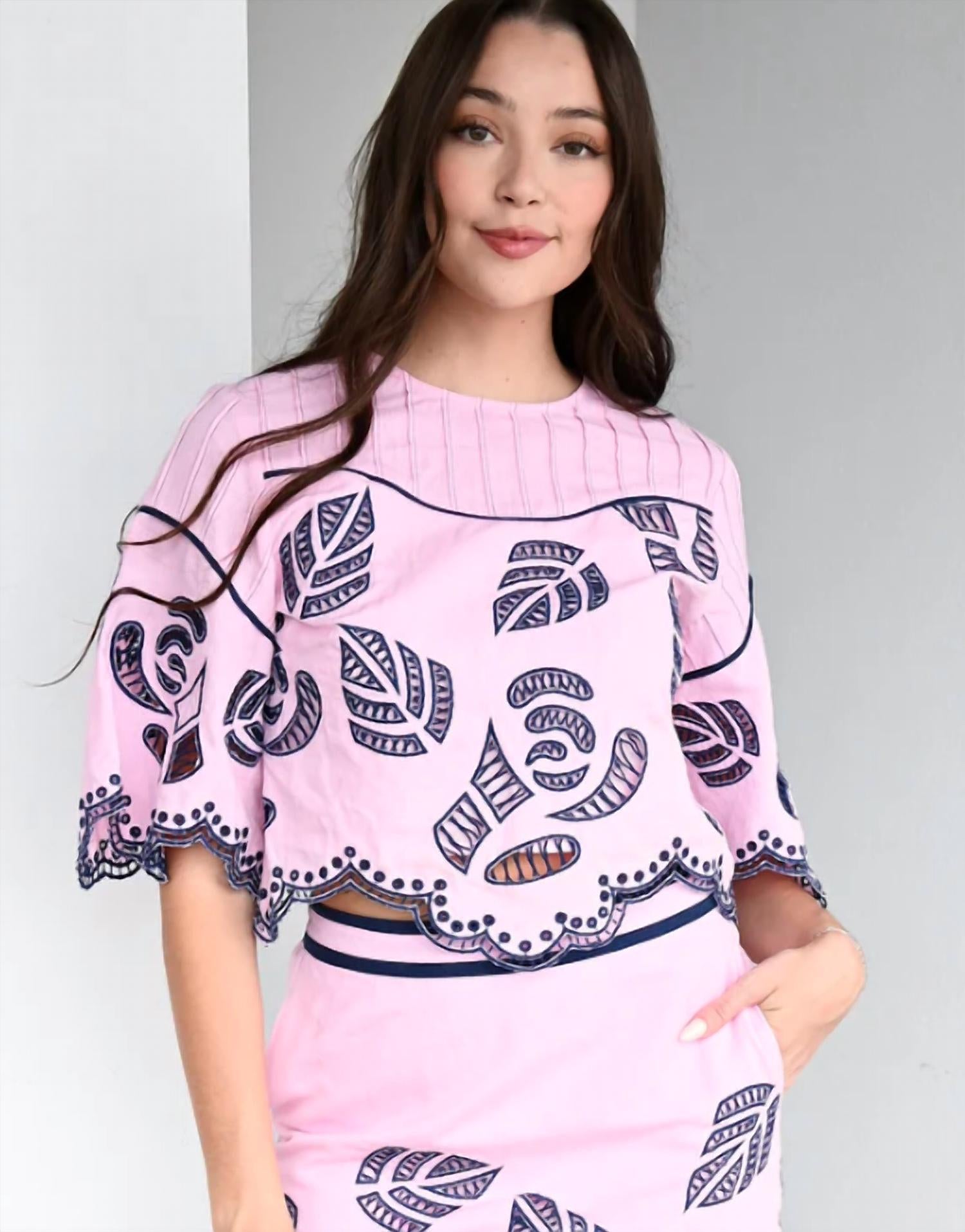 Never a Wallflower Embroidered 1/2 Sleeve Top in prism pink embroidery - women's shirt - alternate view