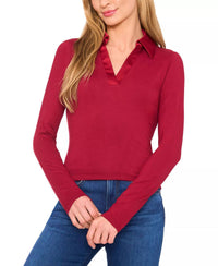 CeCe Collared V-neck Long Sleeve Jersey With Satin Detail Top in mulberry red - women's long sleeve top
