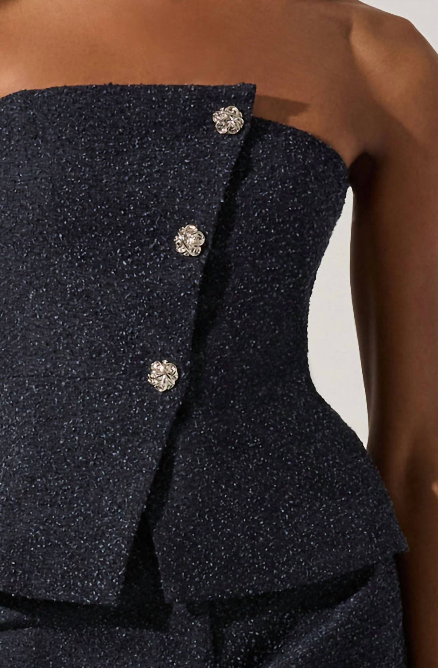 ASTR Moina Asymmetrical Strapless Tweed Top in denim blue - women's shirt - alternate view