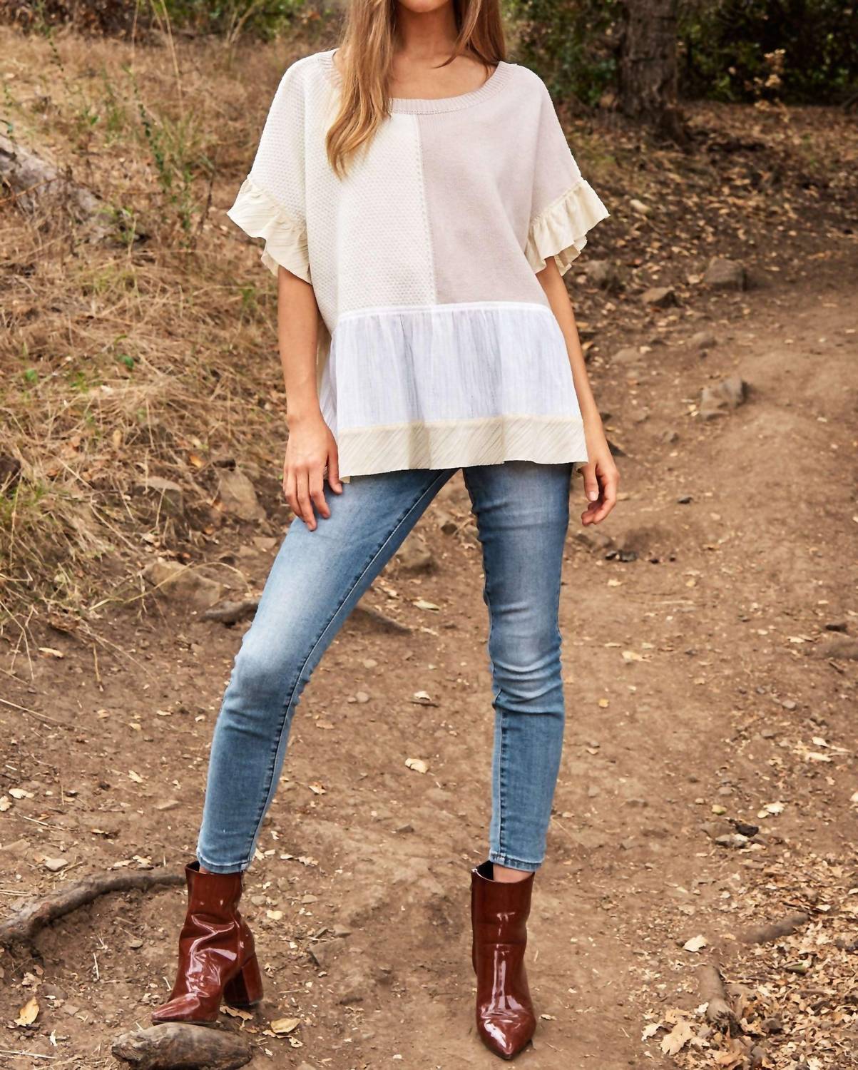 Davi & Dani - Mix Match Textured Ruffle Detail Sweater Top