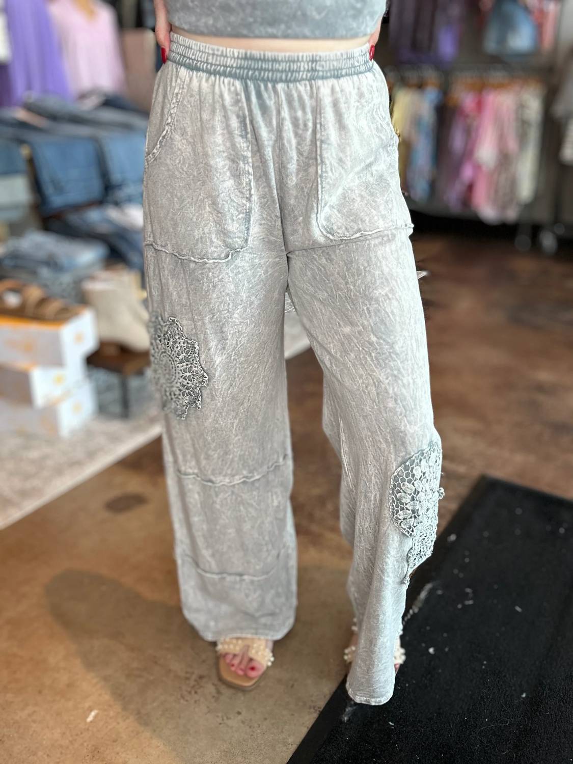 J. Her - Mineral Washed Doily Detail Wide Leg Pants
