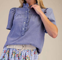 Easel - Snap Front Ruffle Neck Top