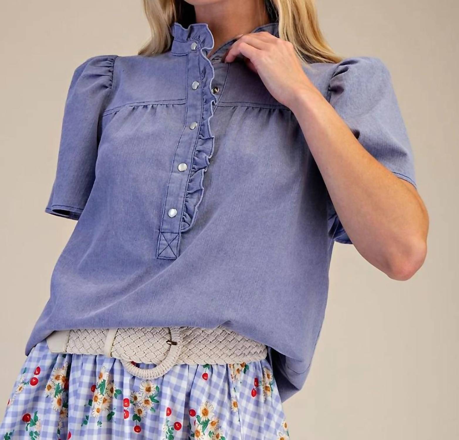 Easel - Snap Front Ruffle Neck Top