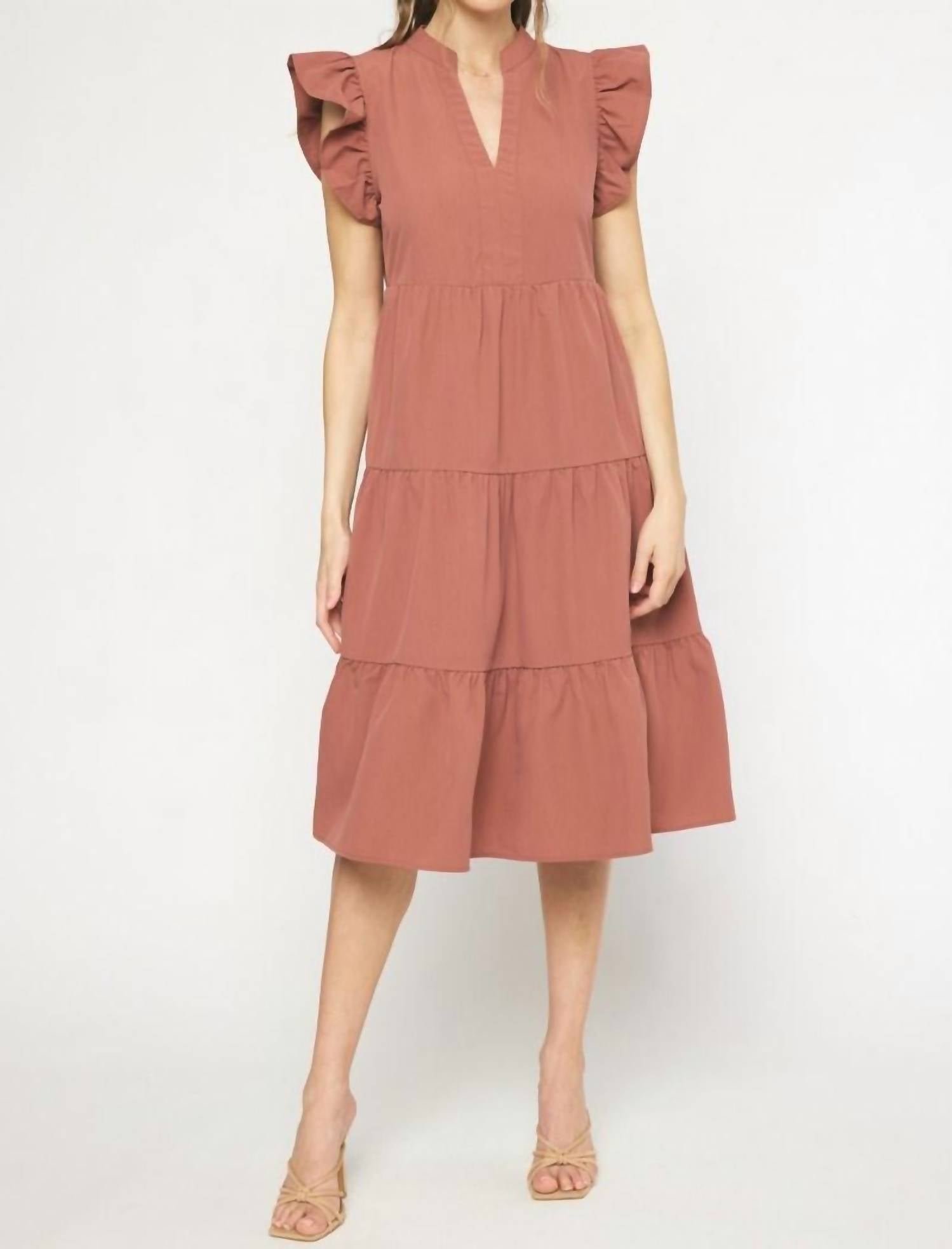 entro Ruffled Pocket Tiered Midi Dress in cinnamon - women's dress