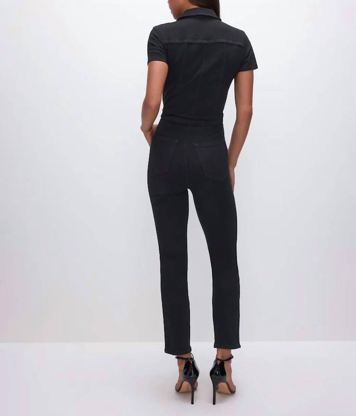 GOOD AMERICAN Fit For Success Denim Jumpsuit in black - women's pants - detail view