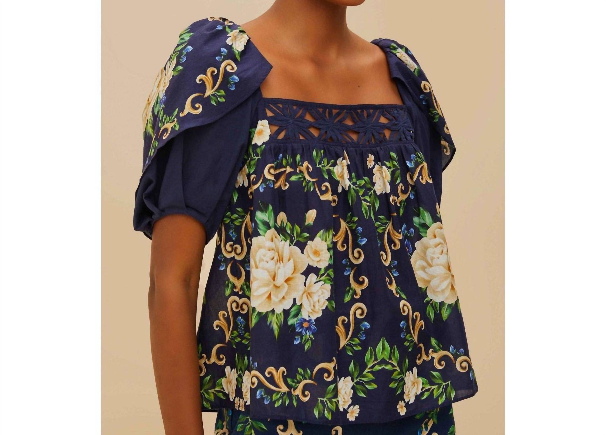 Farm Rio - Flower Tapestry Square Neck Yoke Blouse