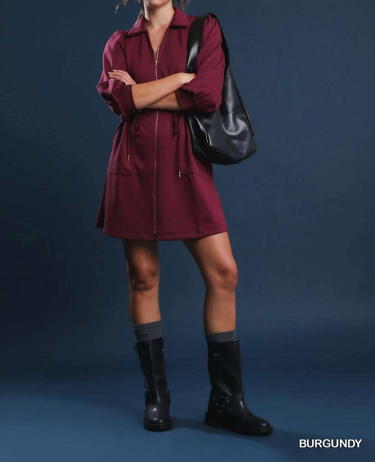 umgee Luxe Knit Zip Up Mini Dress in burgundy - women's dress - alternate view