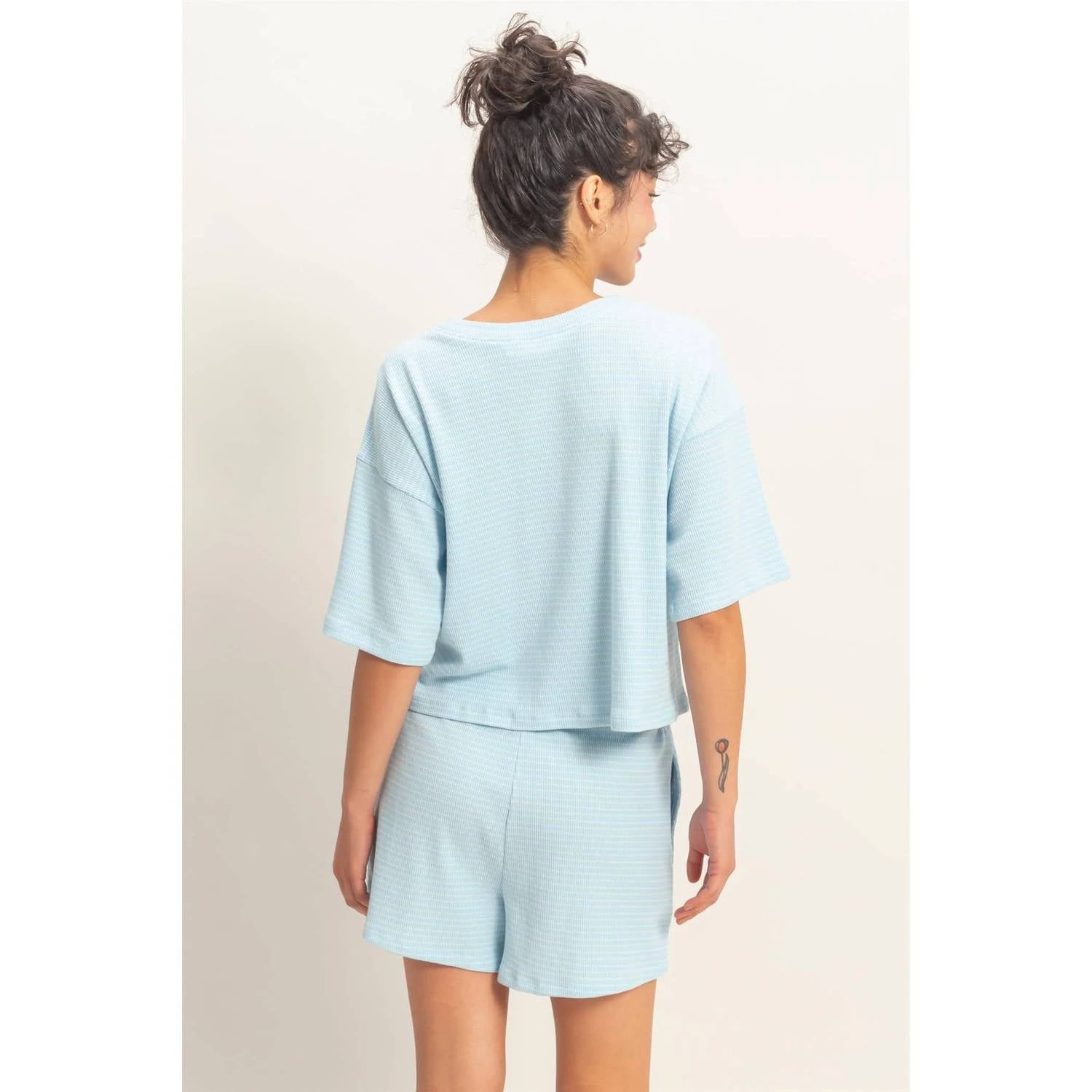 Hyfve - Striped Round Neck Ribbed Top And Shorts Set