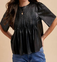 AnnieWear Leather PinTuck Detail Blouse in black - women's blouse