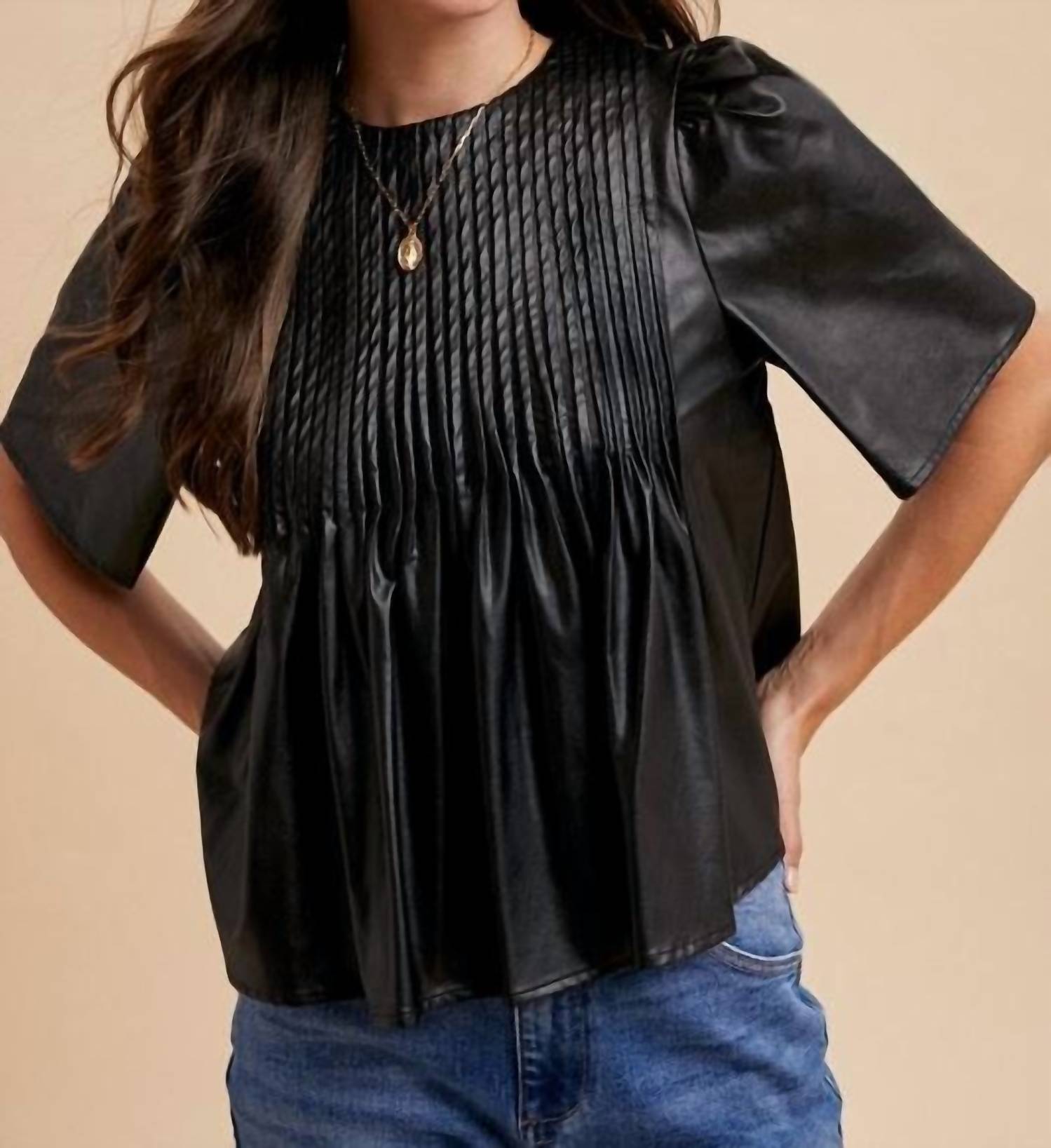 AnnieWear Leather PinTuck Detail Blouse in black - women's blouse