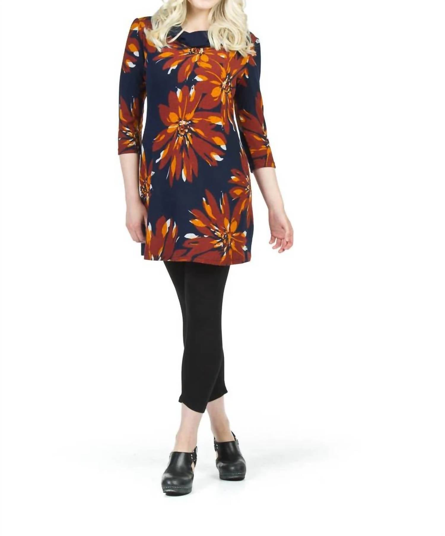 Papillon - Floral Print Cowl Neck 3/4 Sleeve Dress