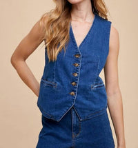 AnnieWear Penny Sleeveless Denim Vest in blue - women's blouse
