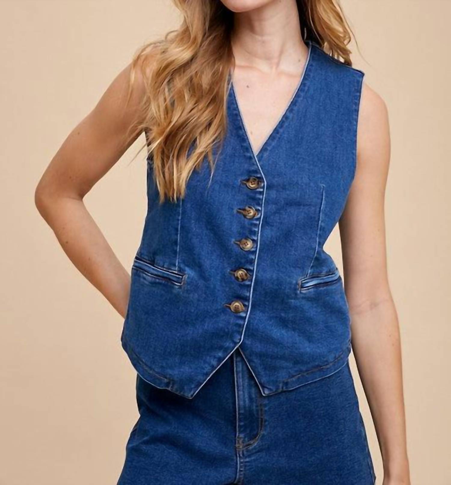 AnnieWear Penny Sleeveless Denim Vest in blue - women's blouse