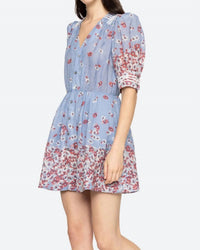SEA Whitney Print Puff Short Sleeve Mini Dress in blue - women's dress - detail view