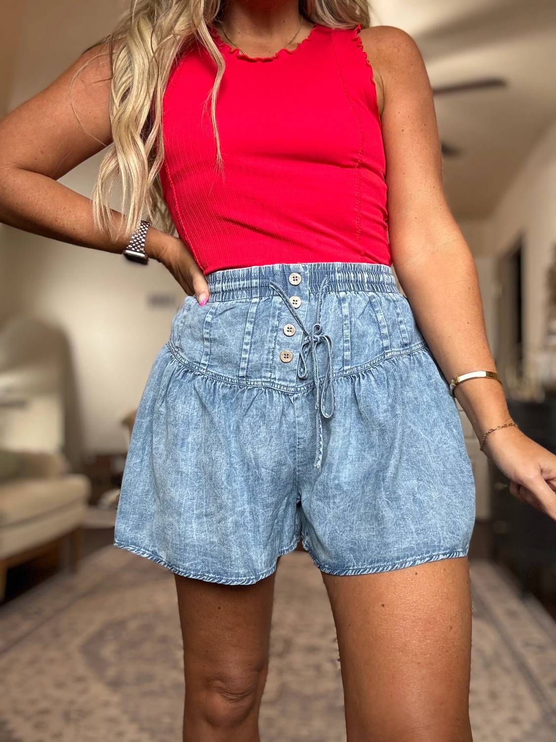 Very J - Weekend Days Chambray Flare Shorts