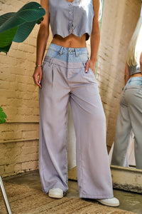 I TOO Two-Tone Double-Waistband Pants in blue multi - women's jeans