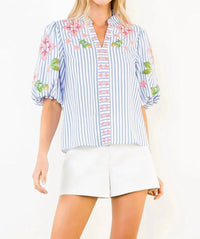 Thml - Puff Sleeve Striped Embroidery Detail V-neck Top