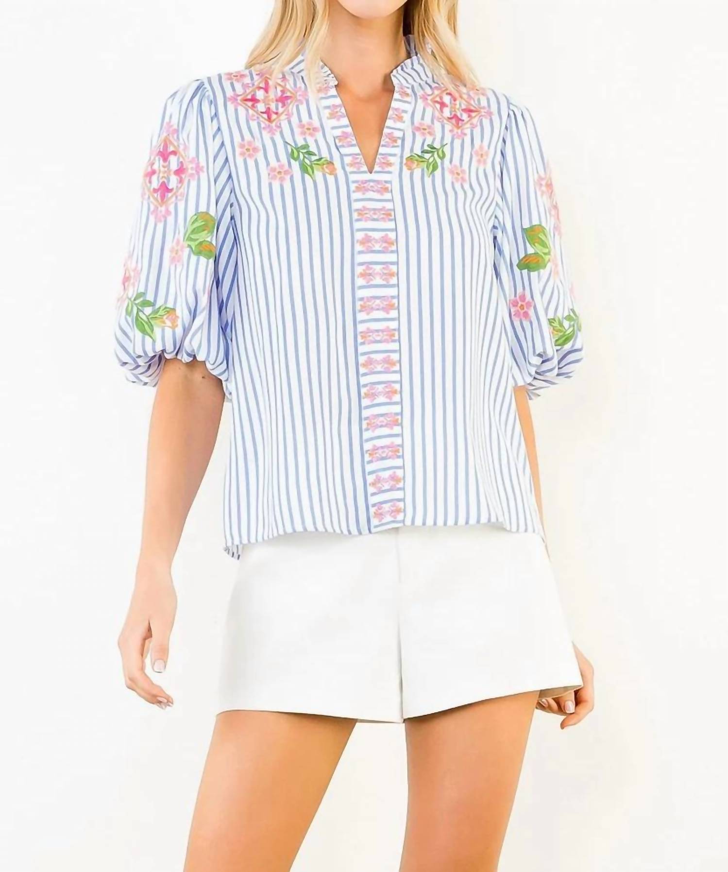 Thml - Puff Sleeve Striped Embroidery Detail V-neck Top
