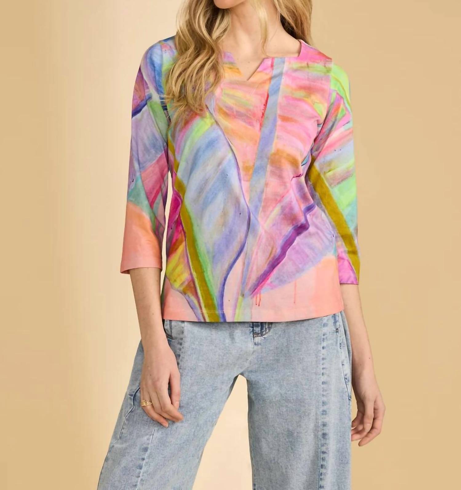 Fdj - 3/4 Sleeve Notch Neck Top
