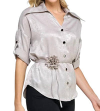 Pastel Design - Liz Button-Down Blouse with Rosette Sash