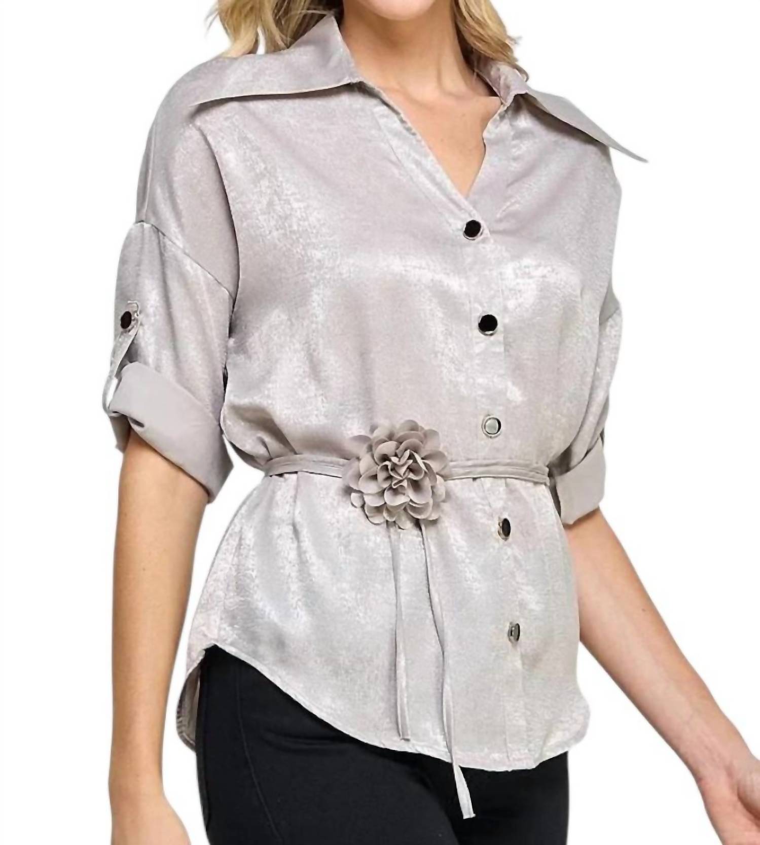 Pastel Design - Liz Button-Down Blouse with Rosette Sash
