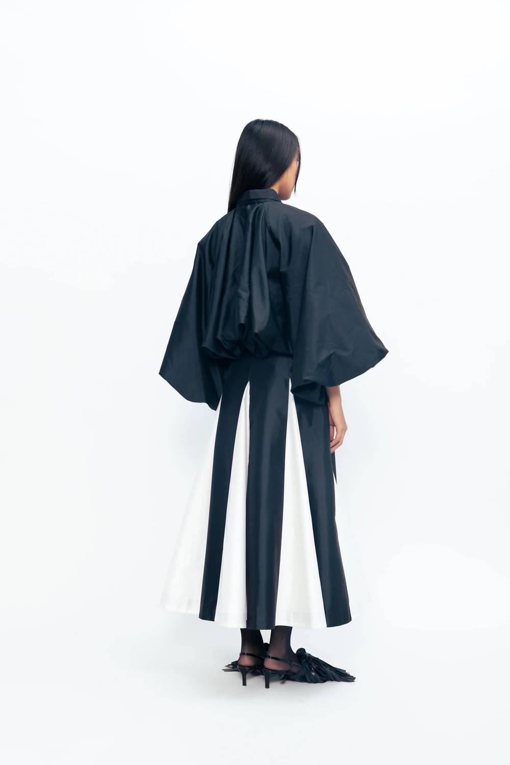 LOVEBIRDS Godet Midi Skirt in onyx ivory - women's skirt - alternate view
