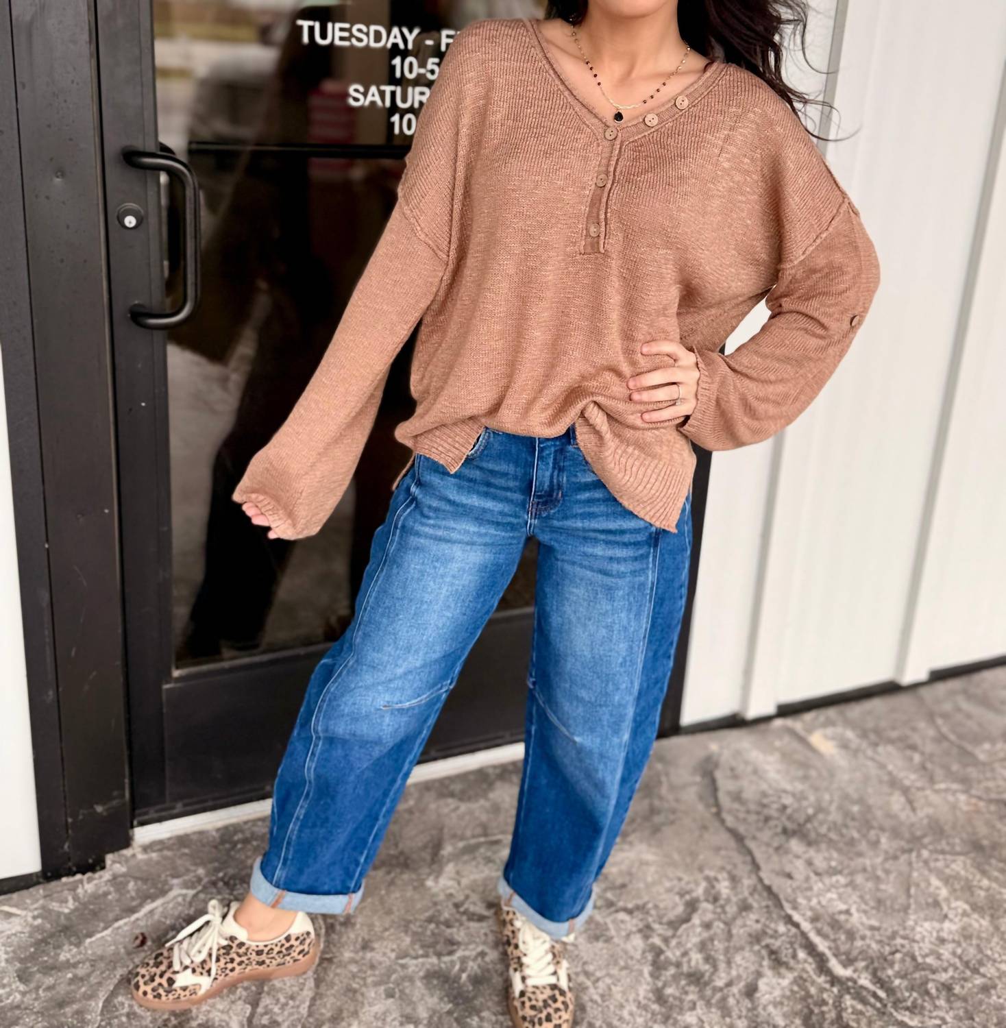 ee:some Coco Raw seamed Henley Sweater in beige - women's sweater - view 6