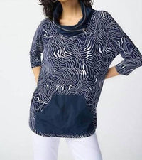 Joseph Ribkoff - Wavy Print Zip Cowl Neck 3/4 Sleeve Top