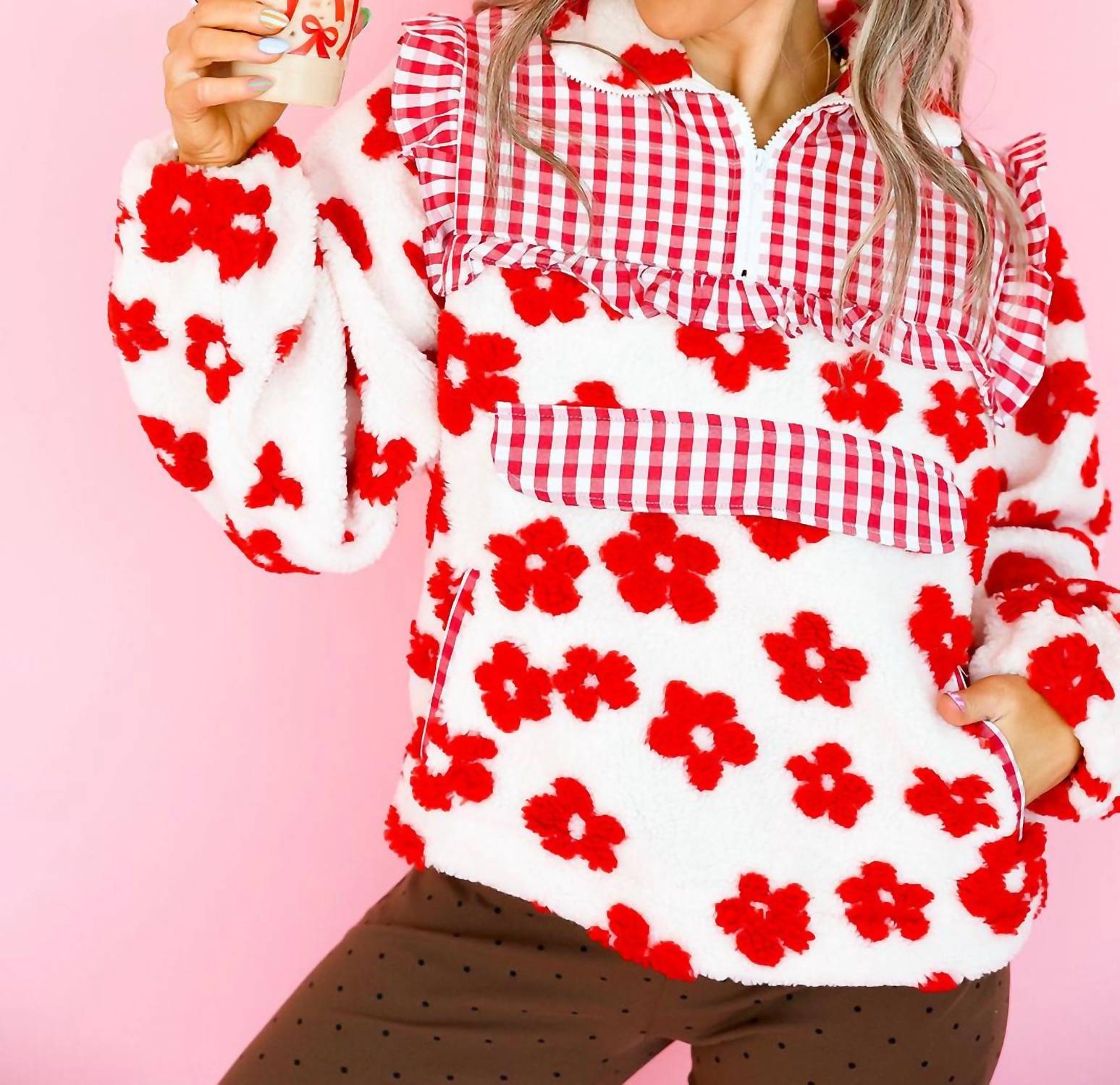 Davi & Dani - Half Zip Floral Gingham Pull Over