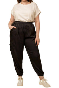 GILLI Drawstring Satin Cargo Joggers - Plus in black - women's pants
