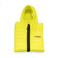 adidas Men's Terrex Myshelter Down Hooded Jacket in acid yellow - men's jacket - detail view