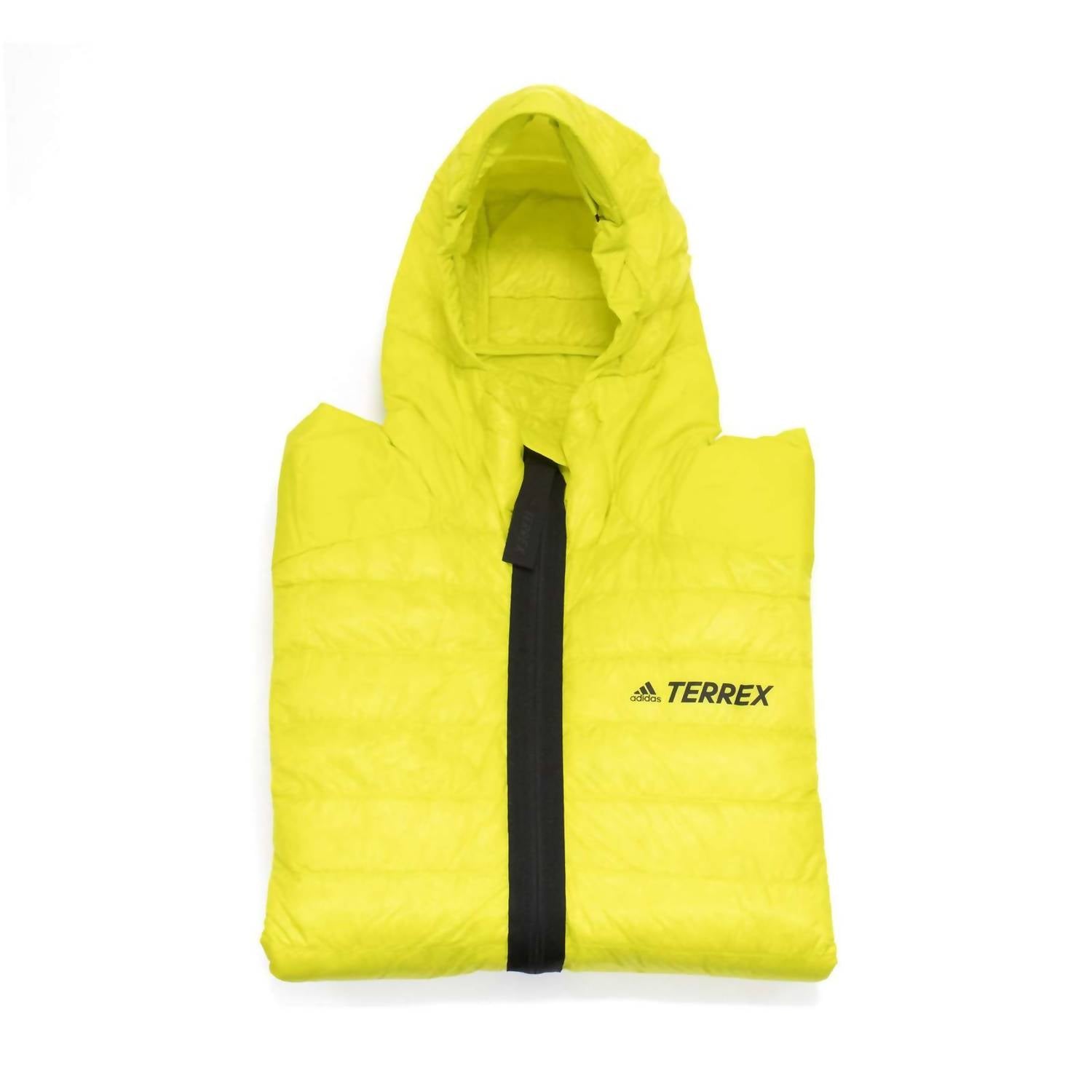adidas Men's Terrex Myshelter Down Hooded Jacket in acid yellow - men's jacket - detail view