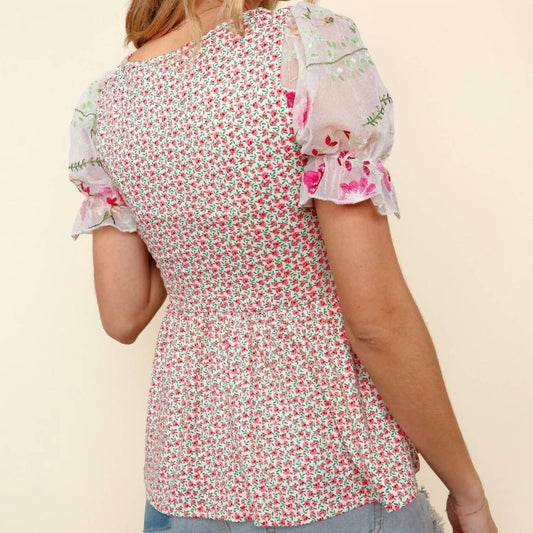 Kori - Floral Embroidered Mesh Sleeve Knit Top