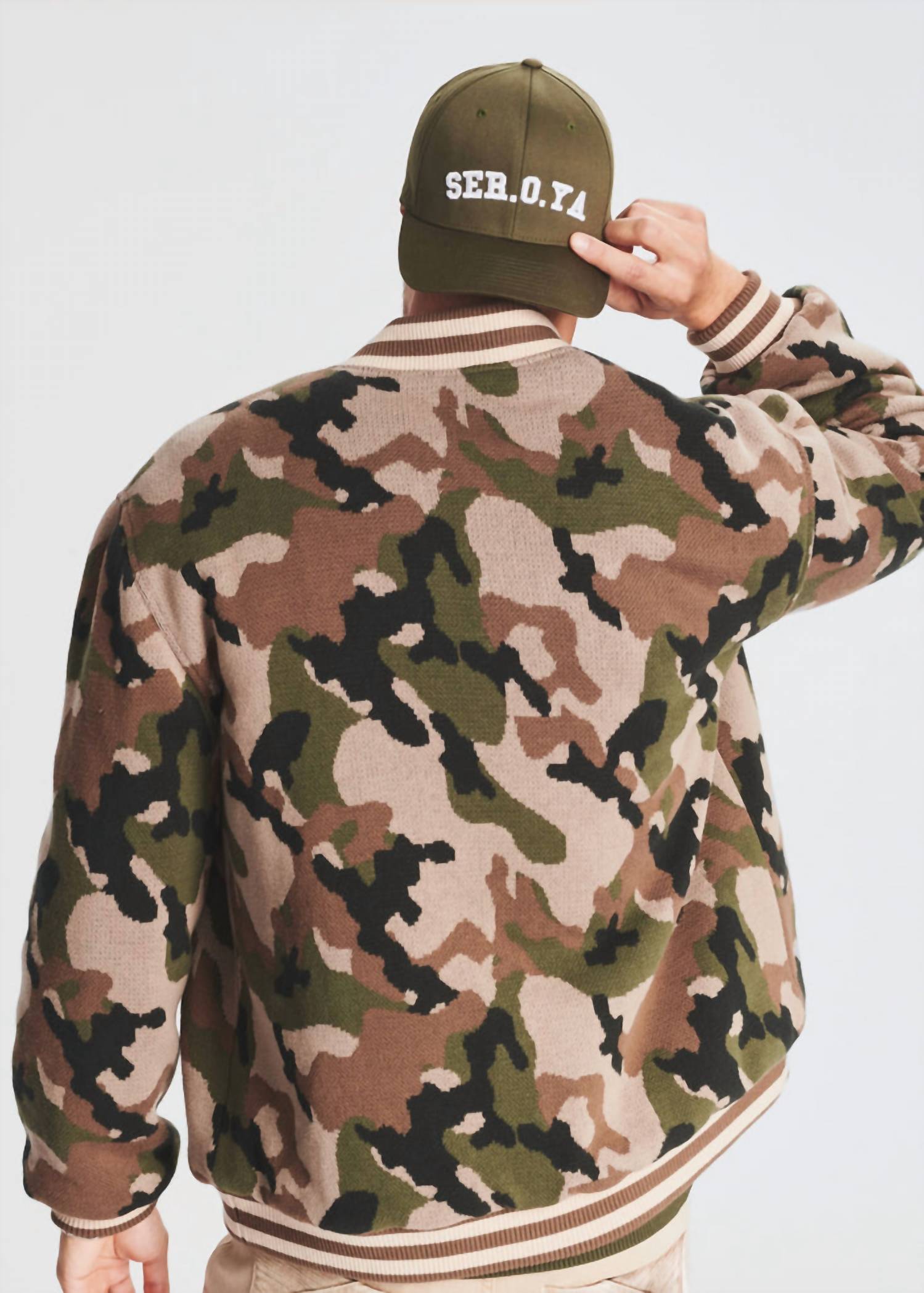 SER.O.YA Bryan Knit Bomber Jacket in camo - men's jacket - detail view