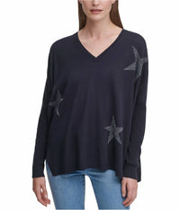 Dkny - Glitter Star Print V-neck Pullover Sweater