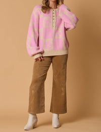 Fantastic Fawn - Flower Long Sleeve Knit Sweater With Front Button