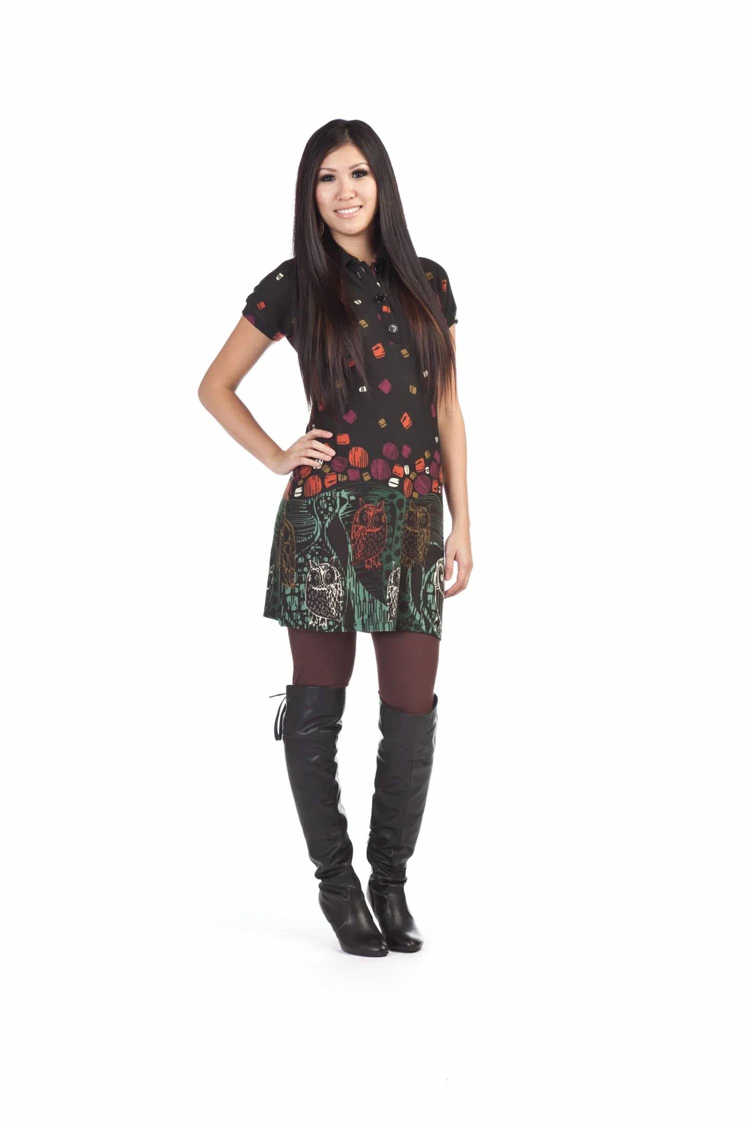 Papillon - Owl Print Collar Sweater Shirt Dress