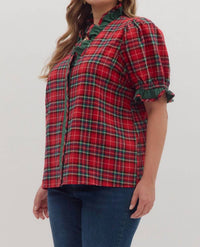 entro Plaid Puff Sleeve Top - Plus in red - women's blouse - detail view