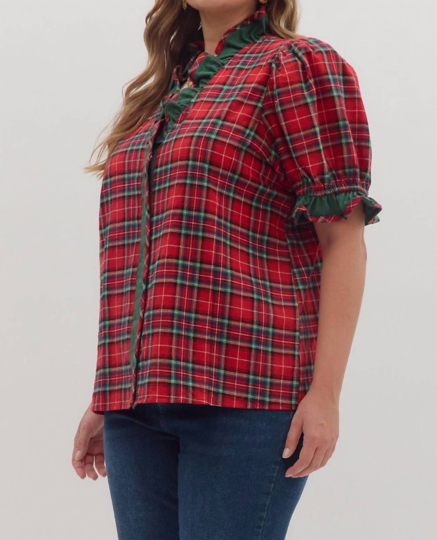 entro Plaid Puff Sleeve Top - Plus in red - women's blouse - detail view