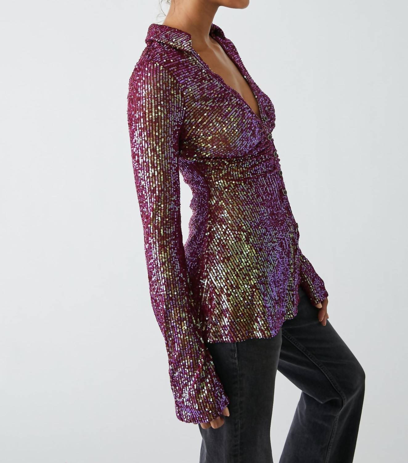 Free People Sequin Long Sleeve Shirt in dark rhubarb - women's blouse - detail view