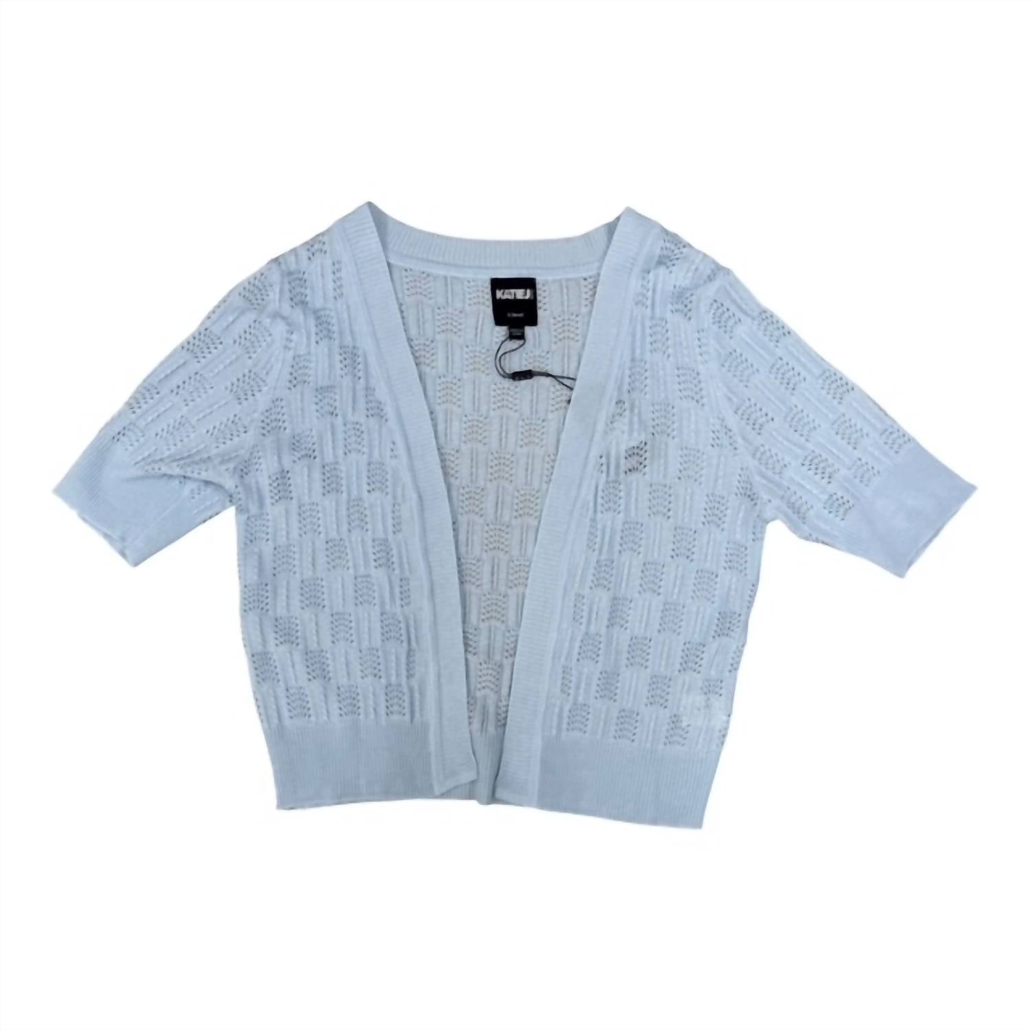 Katie J NYC Junior Goldi Short Sleeve Pointelle Cardigan in baby blue - women's cardigan