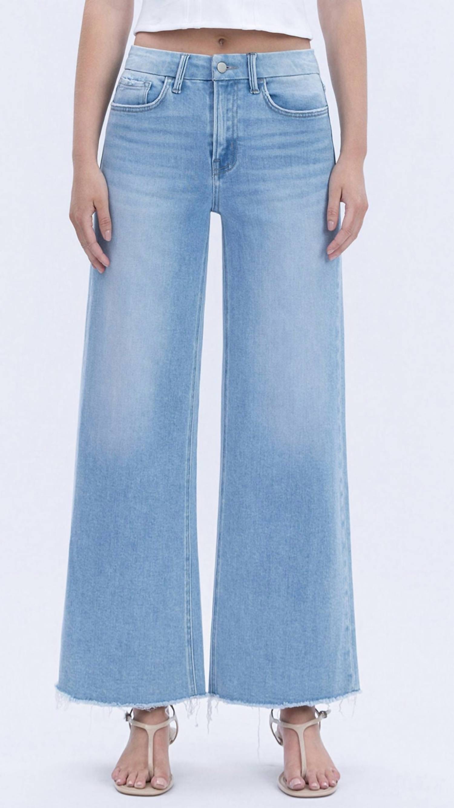 FLYING MONKEY High Rise Seamless Waistband Raw Hem Wide Leg Jeans in blue - women's jeans