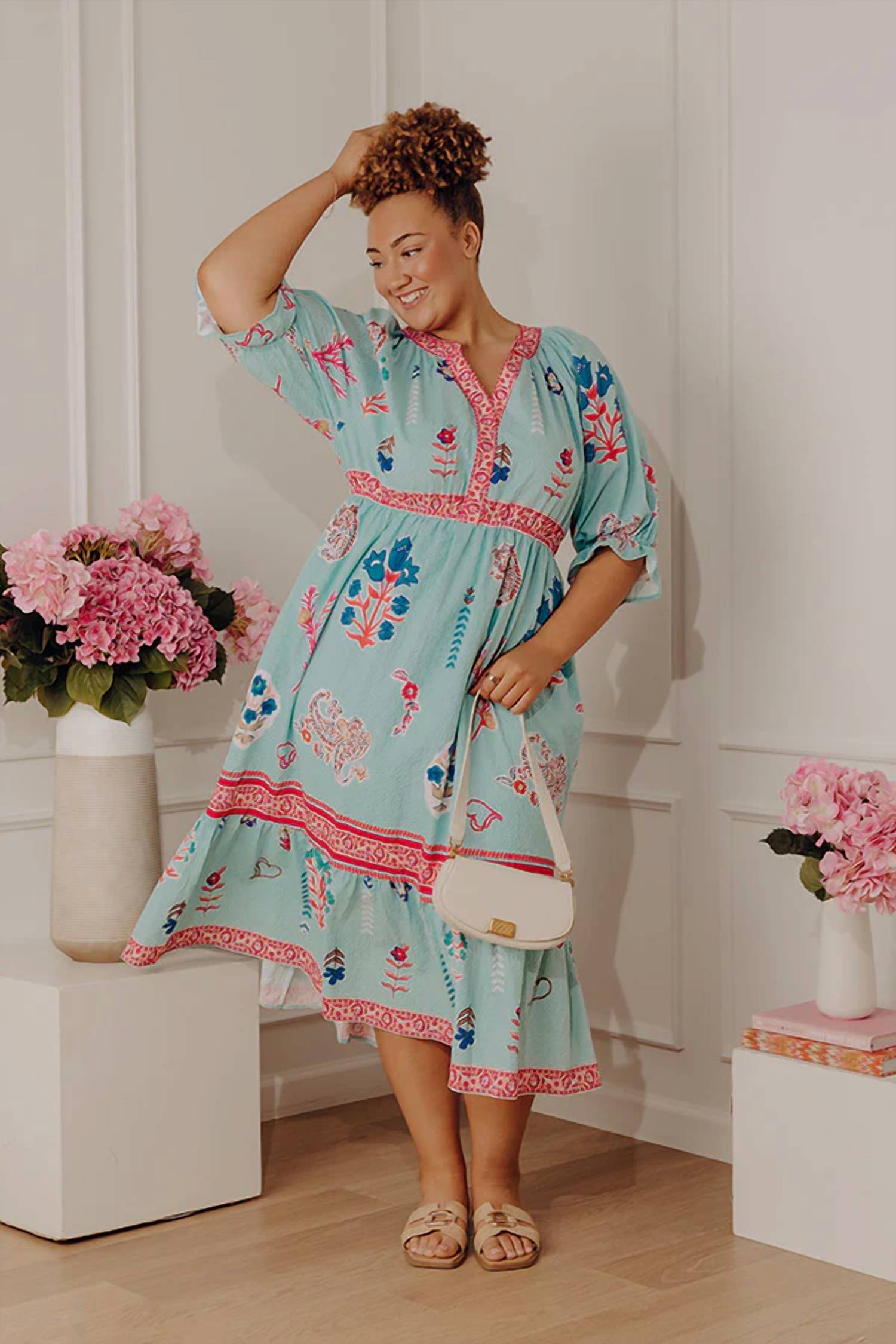 Umgee - Curvy Puffed Sleeve Midi Dress