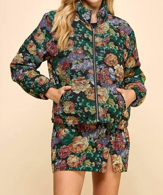 Tcec - Corduroy Floral Printed Puffer Jacket