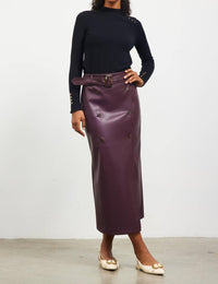 Skies Are Blue - Faux Leather Midi Skirt with Belt