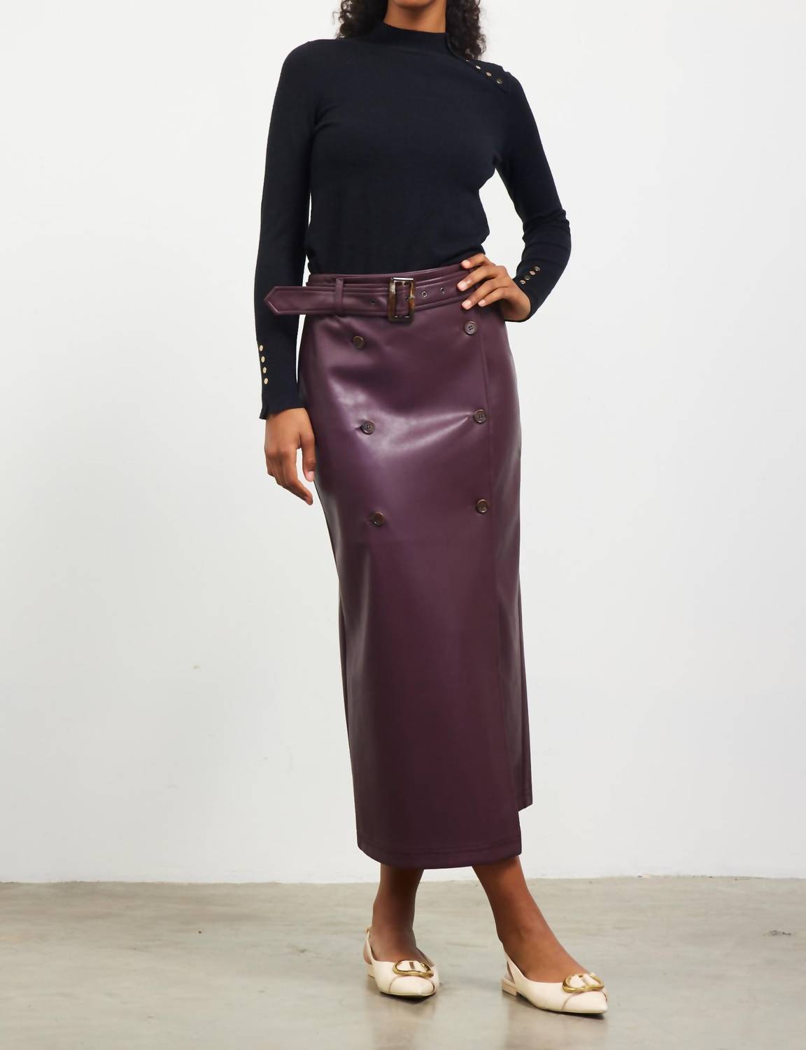Skies Are Blue - Faux Leather Midi Skirt with Belt