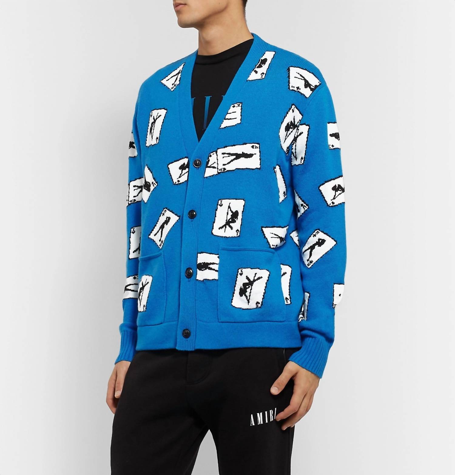 Amiri Cards Intarsia Cardigan Sweater in blue - men's sweater
